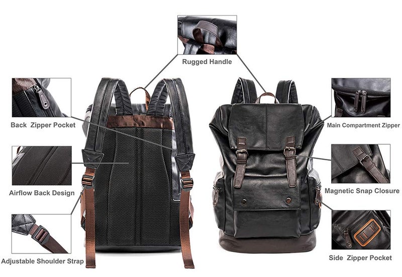 HuaChen PU Leather Laptop Backpack,Vintage Travel Rucksack for College,Large Casual Daypacks for Men - YZ11_Black - Image 4